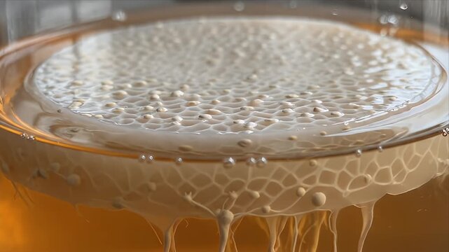 SCOBY Fermentation Culture Floating on Amber Liquid in Glass Jar Close-Up Macro Detailed Texture Science Concept