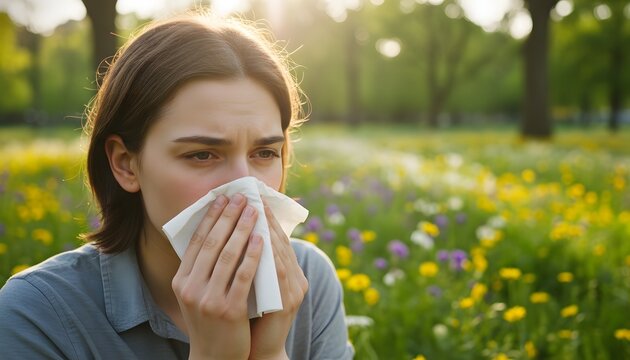 Young adult blowing nose in park while suffering from seasonal summer allergies and hay fever symptoms for healthcare concept in sunny nature setting with blooming flowers