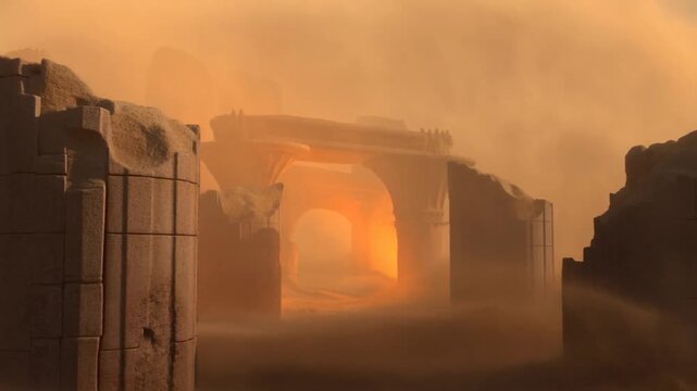 Tracking shot of ancient stone ruins revealing arched gateway while moving through dusty desert wasteland at sunrise