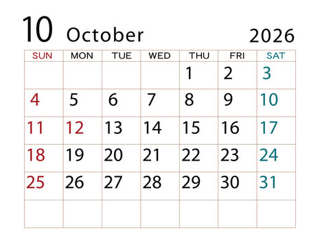 2026年カレンダー　10月 ⑵