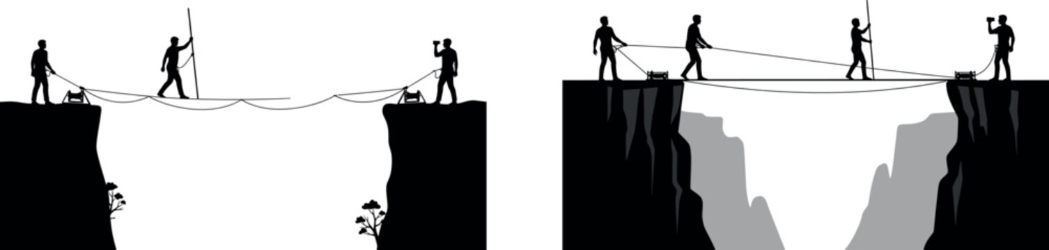 Silhouette workers crossing mountain cliff gap with rope bridge teamwork manual labor danger heights engineering construction project
