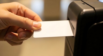 Fototapeta premium A person's hand inserts a blank white access card into a dark electronic reader, illustrating modern security and identification systems.