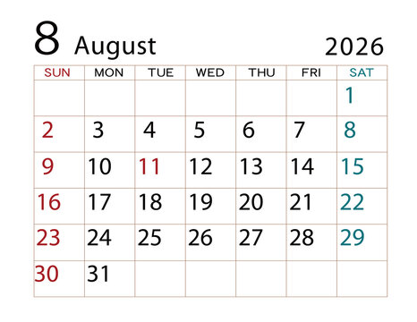 2026年カレンダー　8月 ⑵