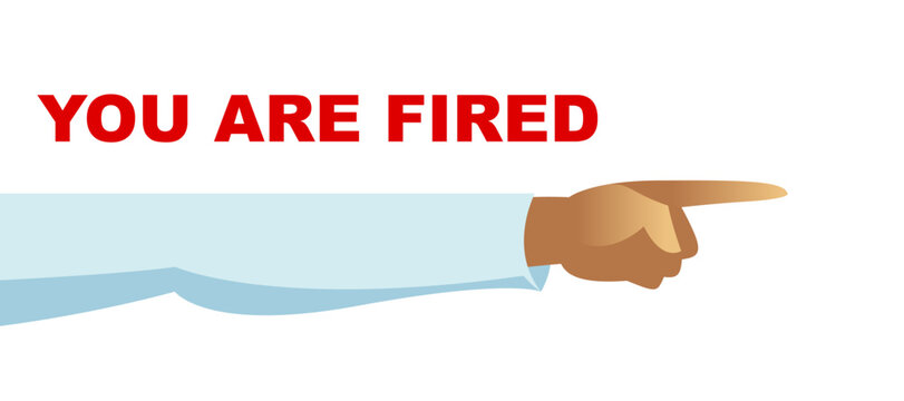You are fired, vector illustration of a boss showing with hand and fist fires employee, chief expels the worker.