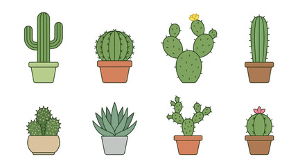 Collection of eight potted cactus plants in various shapes and sizes 1. © pratama yudi