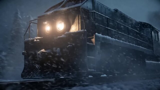 Tracking shot of locomotive engine plowing through heavy snow on mountain rails in forest at night during blizzard