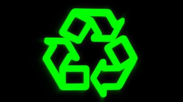 Static shot of glowing green recycling symbol pulsing and rotating on black digital background