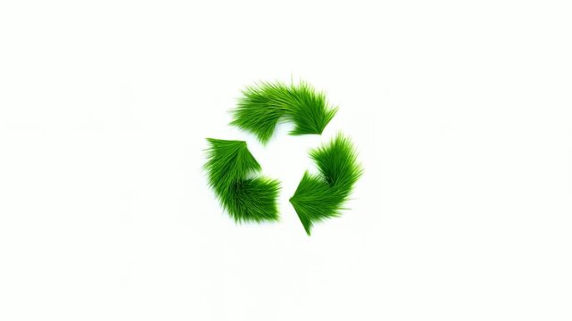 Static shot of green grass pieces assembling into recycling symbol on white background overhead studio