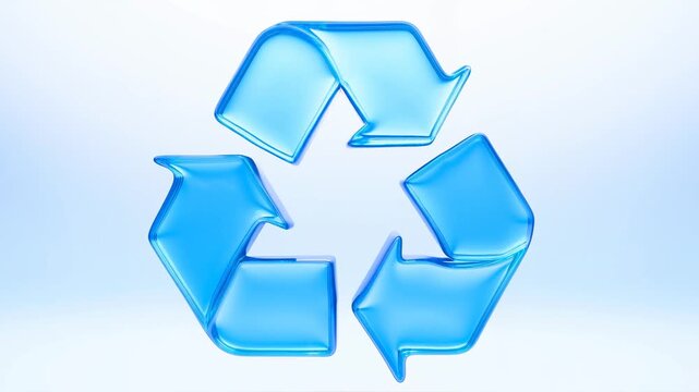 Slow motion static shot of recycling symbol morphing into liquid plastic form on white studio background