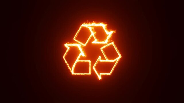 Slow zoom of glowing recycling symbol intensifying with flickering flame effects on dark studio background