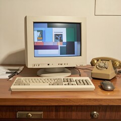 Fototapeta premium Vintage computer setup with monitor, keyboard, mouse, and rotary phone.