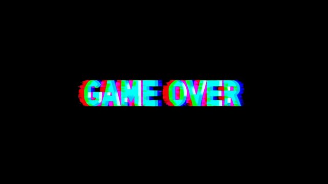 Static shot of glitching game over text flickering with rgb chromatic split and horizontal jitter on black screen center in retro arcade style