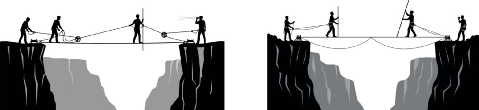 Silhouette workers crossing mountain cliff gap with rope bridge teamwork manual labor engineering construction teamwork danger heights project
