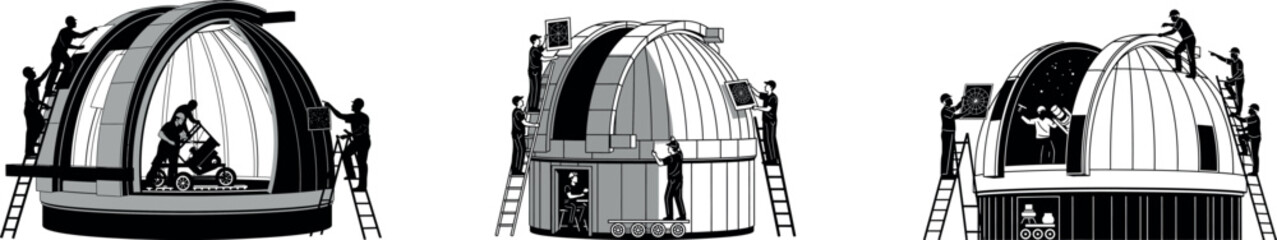 Silhouette workers building wooden dome structure with scaffolding teamwork manual labor carpentry engineering construction framework roof project  © Mubeen