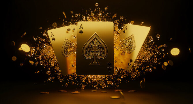 Three golden ace of spades playing cards flying with gold coins and diamonds. Luxury poker cards floating in a dynamic explosion. Winning concept for high-stakes gambling and casino ads.