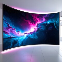 Fototapeta premium Immersive Curved Display Showcasing a Vibrant Nebula, Enhanced with Ambient Lighting.
