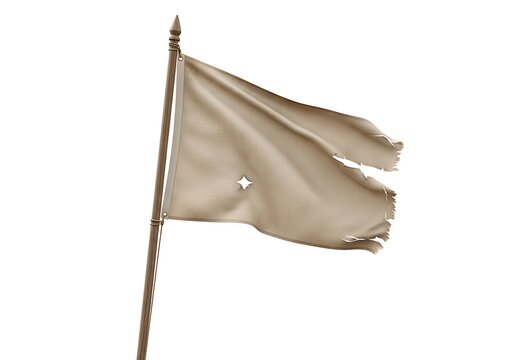 A tattered beige flag on a wooden pole