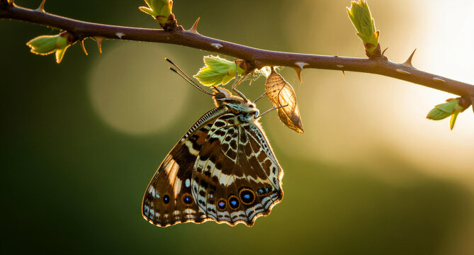 Butterfly emerged from its chrysalis on a thorny branch at sunset. The insect rests near its empty pupa shell in golden light. Metamorphosis concept, ideal for nature and growth storytelling.