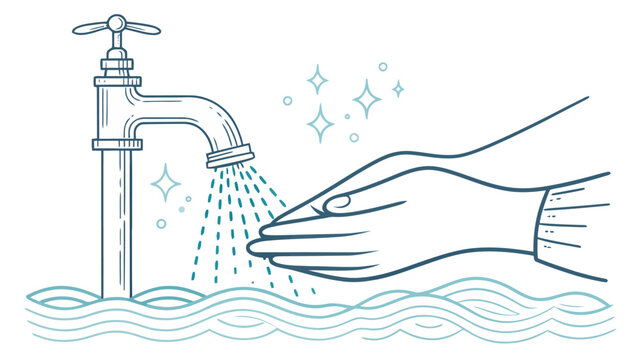 Hand under running water from a faucet with sparkling clean droplets