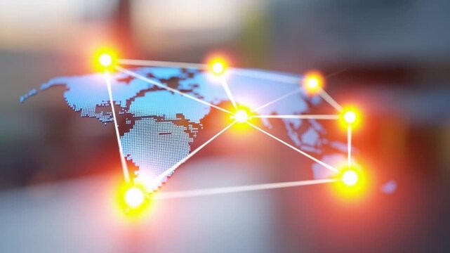 Global Network Connections: A luminous network overlaying a stylized world map, representing the interconnectedness of global digital communications, data flow, and technology infrastructure.