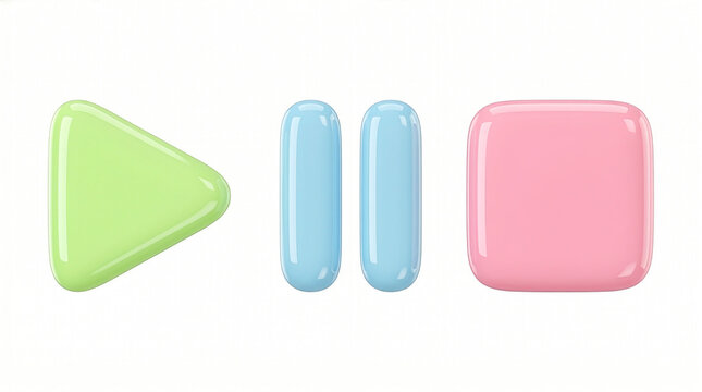 3D media player buttons play pause and stop icons in pastel colors, 3D render