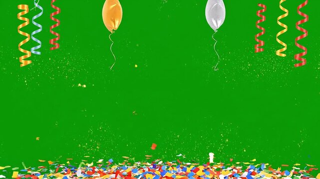 Colorful Celebration Theme with Colorful Balloons and Confetti on empty green screen background. Happy Birthday, party design chroma key