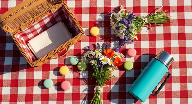 Picnic setup with basket macaroons flowers thermos on red checkered blanket