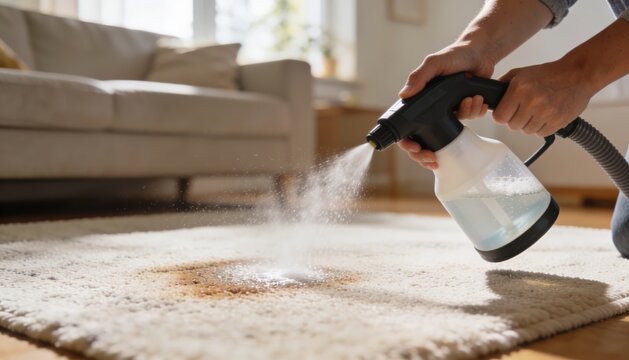 Person using carpet spot cleaner with brush on fluffy rug in bright room