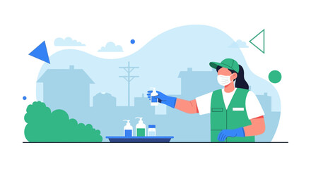 Obraz premium Healthcare worker sanitizing in residential area, promoting hygiene and safety