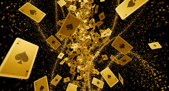 Golden Ace of Spades cards flying in a vortex of gold particles. Exploding playing cards create a luxury gambling atmosphere. High-stakes casino and winning jackpot concept.