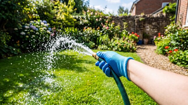 First-person view of a person wearing a blue glove using a garden hose to water a lush green lawn and blooming flower on a bright sunny day. Backyard landscaping, plant care and hobby concept.