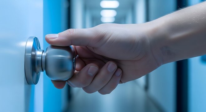 A person's hand reaches out to grasp a metallic doorknob, preparing to open a door into a brightly lit, empty hallway.