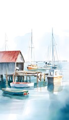 Fototapeta premium Serene seaside boathouse watercolor illustration evokes calm coastal living and maritime tranquility