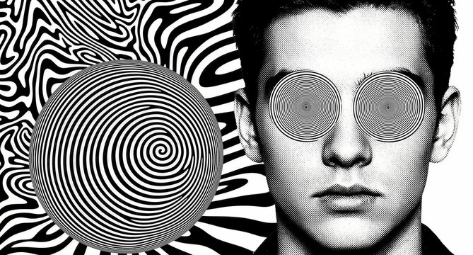 Man with hypnotic spiral eyes and large optical illusion circle in black and white. Surreal halftone portrait with psychedelic patterns. Mental health and mind control concept for creative media.