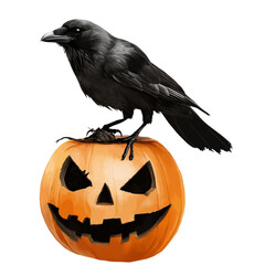 Obraz premium Black raven sitting on top of a carved Halloween jack-o'-lantern isolated isolated on transparent or white background, png
