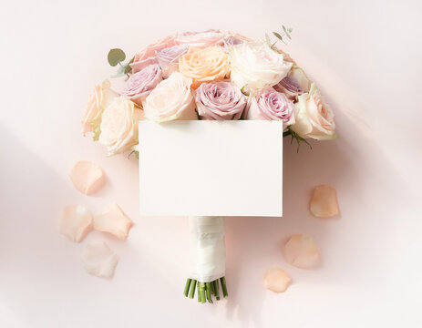 Beautiful bouquet of pastel roses with blank greeting card on white background for wedding or romantic occasion