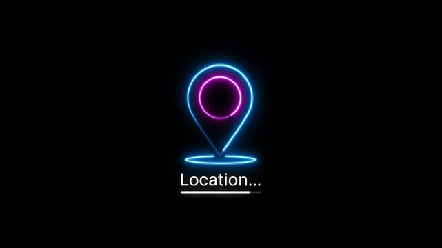 Neon location pin icon glowing with blue and pink light, loading on a mobile screen interface against a dark background for digital navigation services 4K Video