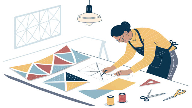 Woman working on colorful quilt pattern with scissors and threads on table