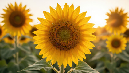 Fototapeta premium bright sunflowers swaying under the sunlight. Sunflowers are prominent, showcasing their vibrant yellow petals in a beautiful field of sunflowers.