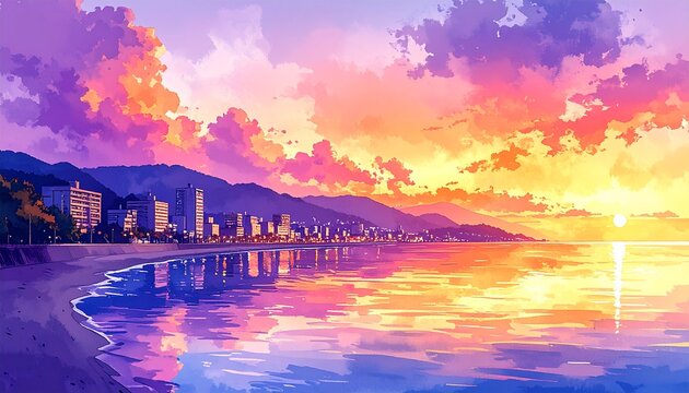 海岸街並み夕焼け水彩風景2