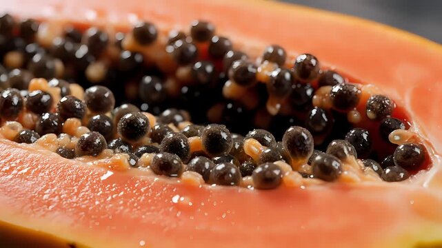 Closeup Macro Shot of Ripe Papaya Fruit Seeds and Flesh.