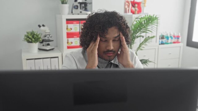 Man doctor with stethoscope rubbing temple with hand while looking at computer at building clinic desk; long shift burnout.