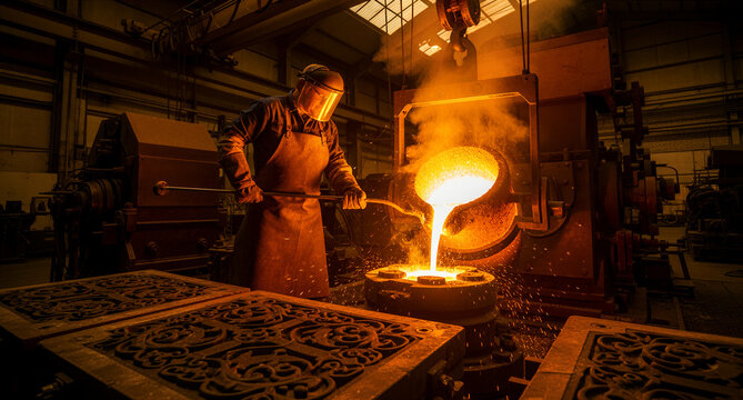Foundry worker pouring molten metal into a casting mold. Steelworker in protective gear handles liquid iron at an industrial factory. Metallurgy concept for heavy manufacturing marketing.