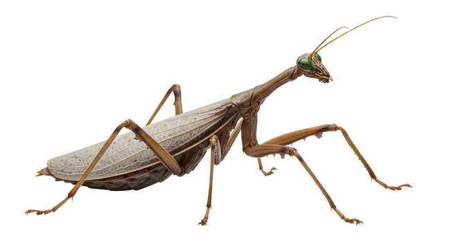 brown praying mantis insect side view isolated on white background close up