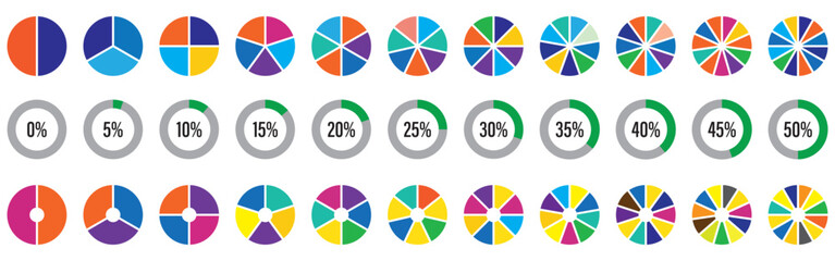 Obraz premium Pie charts diagram set. Circle pie charts 1,2,3,4,5,6,7,8,9,10,11,12 sections. Wheel round segment infographic part. Circle section graph. Pie charts diagrams