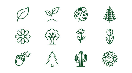 Nature Icon Set: Leaves, Plants, Flowers, Trees, Cactus, Acorn, Sunflower © miftah