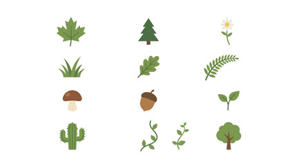 Nature Icons: Forest Plants, Leaves, Trees, Mushroom, Acorn, Flower, Grass, Cactus © miftah