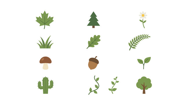 Nature Icons: Forest Plants, Leaves, Trees, Mushroom, Acorn, Flower, Grass, Cactus