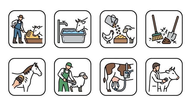 Farm animal care icons: feeding, watering, grooming, milking, cleaning, shearing