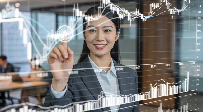 Asian businesswoman using virtual stock chart interface in office